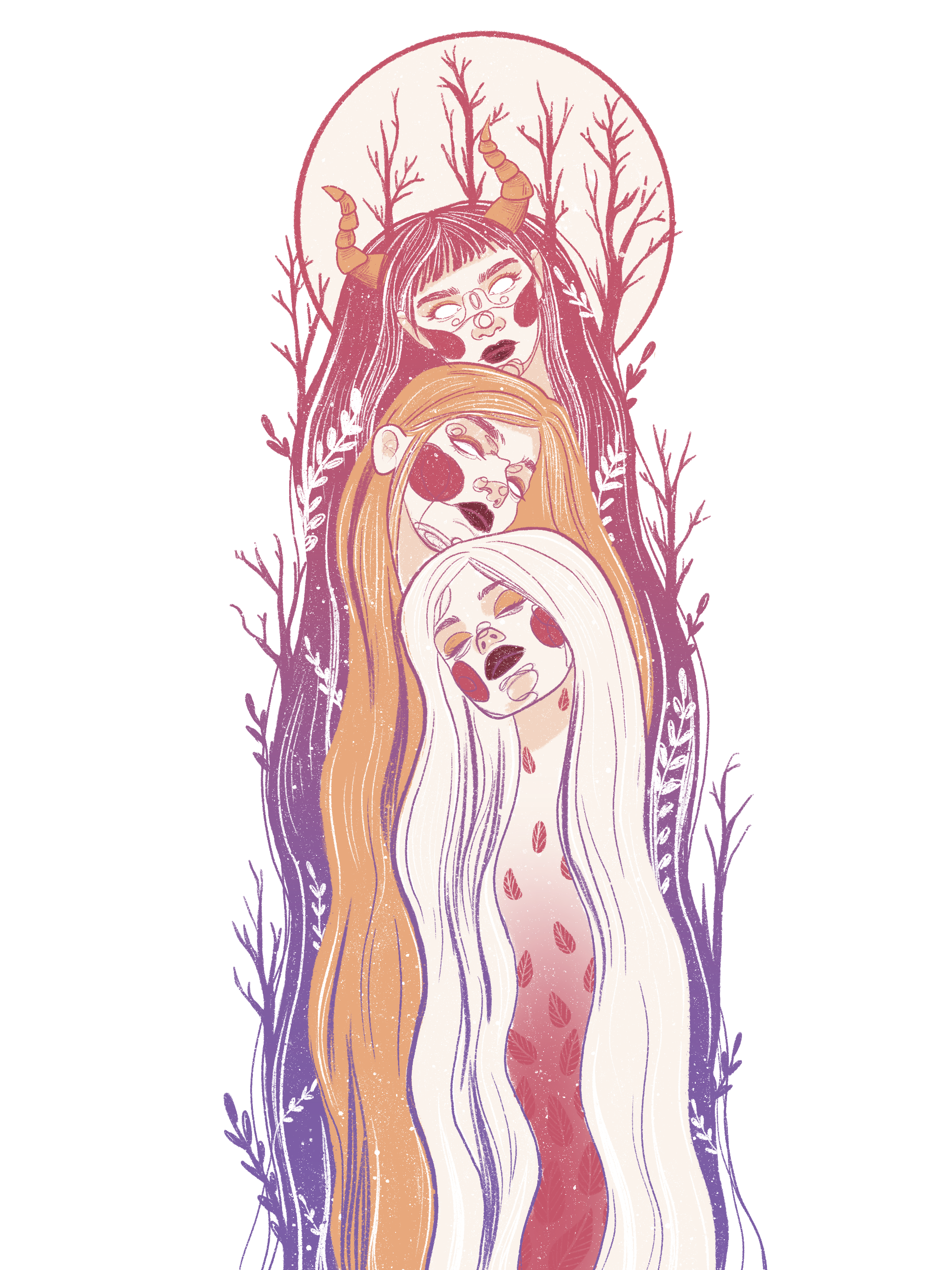 La Triade — illustration originale Ilvane, trois figures féminines aux cornes lunaires, cycles de la lune