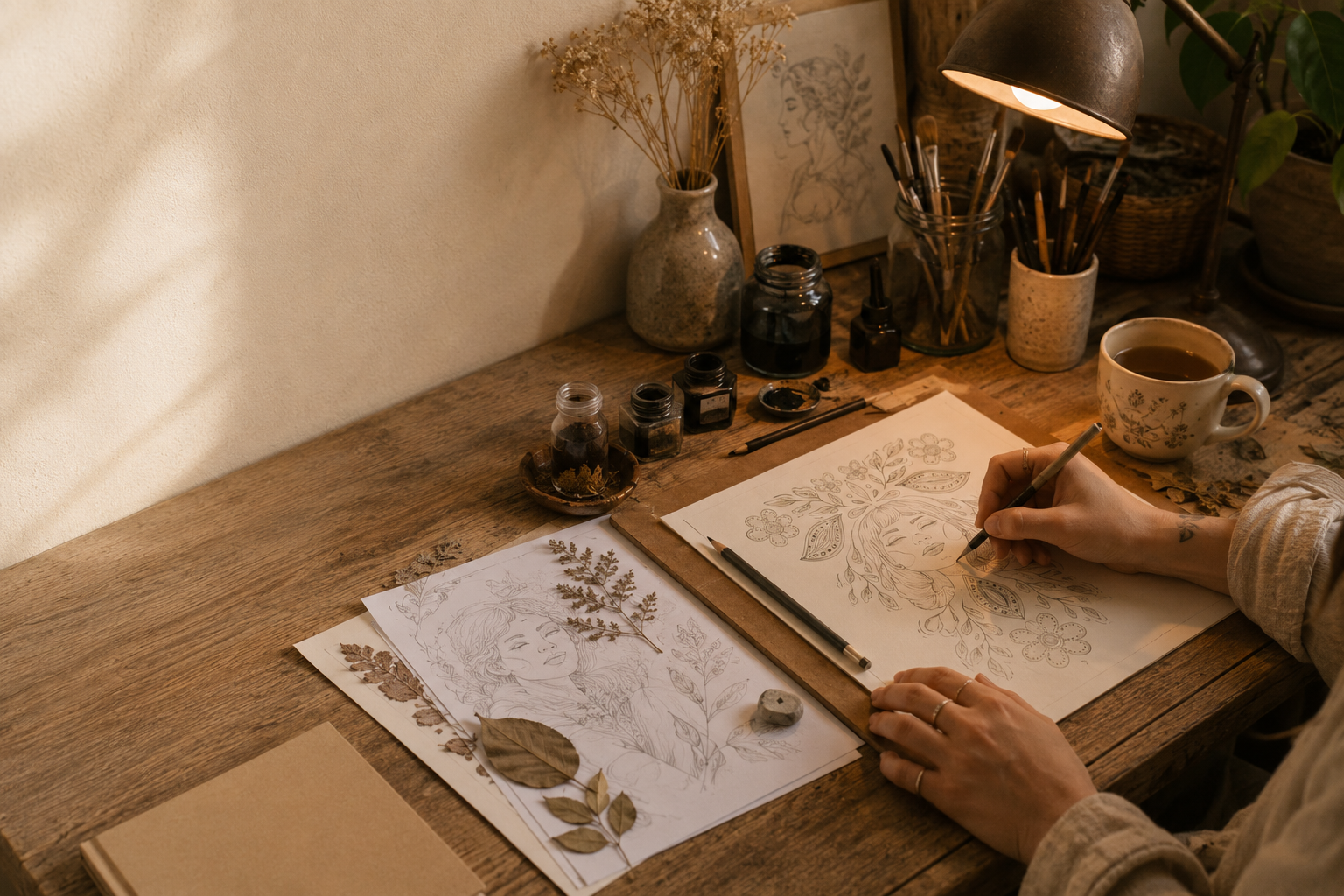 La table d'atelier d'Ilvane — encres, pinceaux, croquis de figures féminines et feuilles séchées sous une lampe chaude