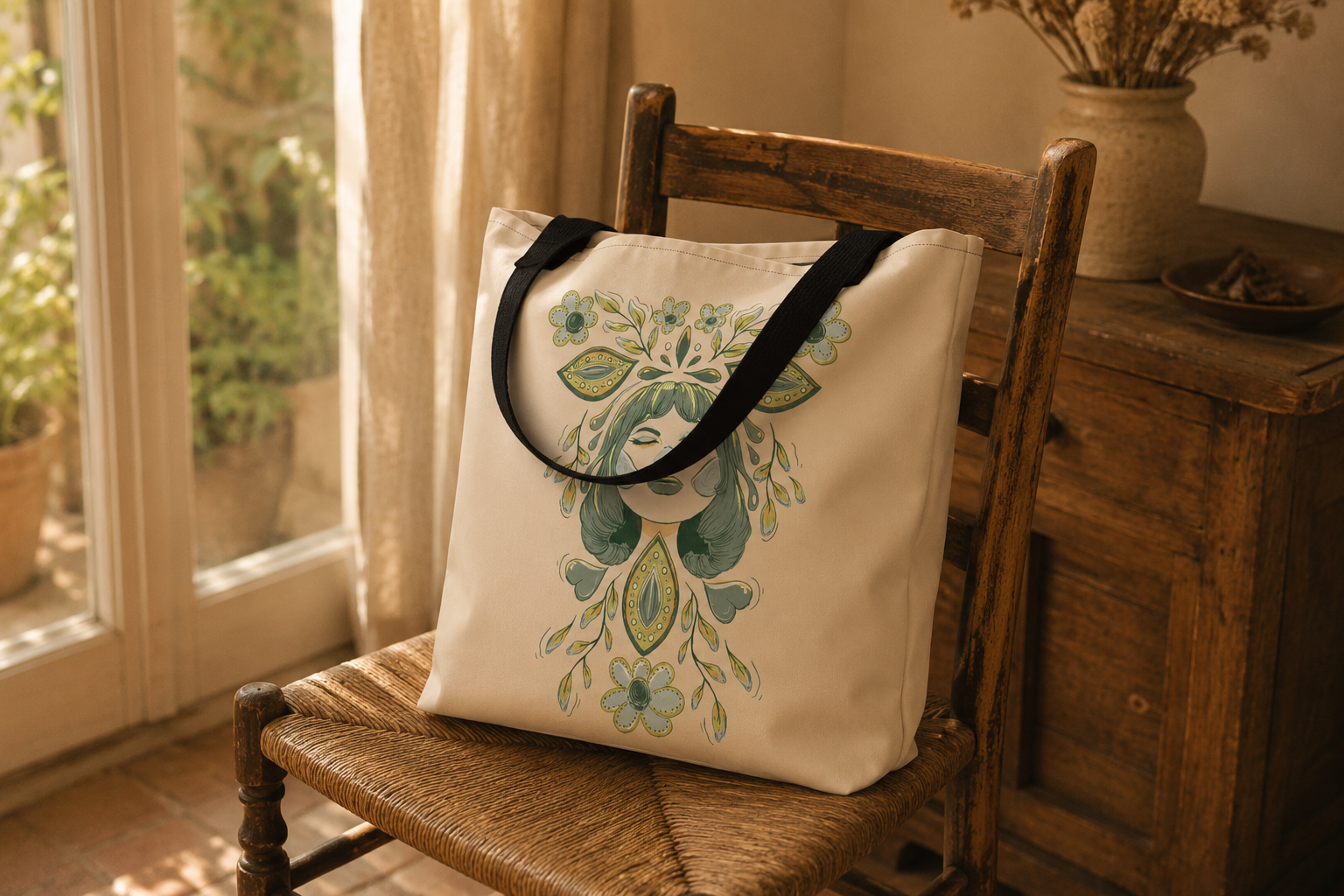 Tote bag illustré Ilvane posé sur une chaise dans un intérieur baigné de lumière — fabriqué à la demande en Europe